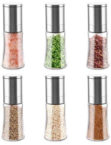 YAYODS Set di 6 macinasale e pepe – Macinaspezie da 100 ml con meccanismo in ceramica con coperchio in acciaio inox – Macinasale regolabile in 5 livelli – Spargispezie compatto per barbecue, cucina e
