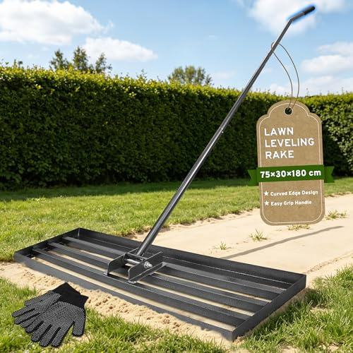 COZCLAM Raschietto per prato, 75 x 30 cm, rastrello livellante per prato, con manico curvo da 180 cm, strumento da giardino per distribuire terra, sabbia, compost e fertilizzante, per prati, guanti