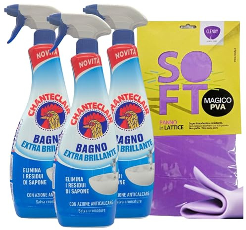 SET: 3x Detergente Spray BAGNO EXTRA BRILLANTE, Elimina i Residui Di Sapone, Con Azione Anticalcare 625ml + Panno SOFT In Lattice, Formato 30x30cm