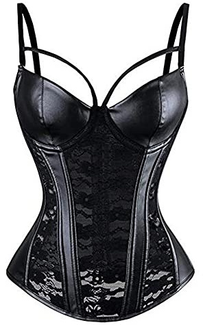 Woboren Corsé Cuero Bustier con Liguero para Mujer Conjuntos de Lencería Corpiños de Encaje Negro
