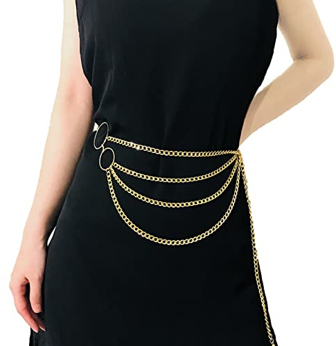 Mujer Multicapa Cinturón De Cadenas, Cuerpo Cadena De Vientre Anillo De Vintage Metal Calado Cadena De Cintura Dorado Hebilla Ajustable Cinturón De Vestir Cadena De Cuerpo Vestido