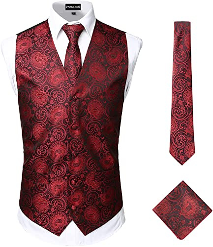 PARKLEES Ensemble classique 3 pièces pour homme avec gilet, cravate et poche à motif cachemire pour mariage, bal de fin d'année, gilet pour costume ou smoking, Bordeaux/noir, M
