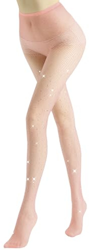 WOOKIT Calze a Rete Donna Brillantini Sexy, Collant a Rete Elasticizzate a Vita Alta con Strass Scintillanti Bling Bling Glitter Paillettes Calze-Calze a Rete Brillantini Rosa-1 paio