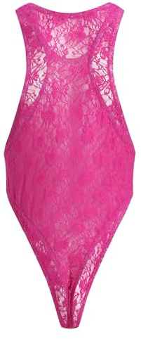 ABAFIP Men's Lace Bodysuit High Cut One Piece Leotard Sleeveless Sheer Mankini Lingerie Racerback Undershirts Top Hot Pink Medium
