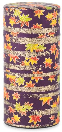 NOREN Japanese Tea Canister Tin (Yuzen Washi Paper - Autumn leaves/Purple), 7.06oz Size/Made in JAPAN
