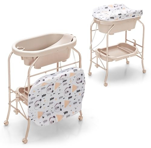 LIFEZEAL Wickeltisch mit Badewanne, 2 in 1 Flatbare Bade-Wickelkombination auf Räder, Badewannenaufsatz Wickelkommode mit 1 offener Ablage, Babybadewanne mit Ständer Max. Belastbarkeit 35kg (beige)