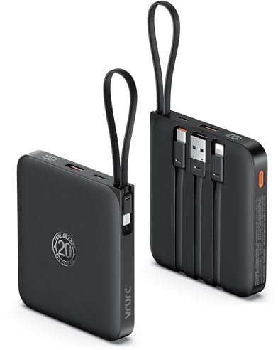 VRURC Power Bank 10000mAh con 4 Cables Integrados, batería de Carga rápida USB C de 22,5 W, Pantalla LED de Power Bank móvil para iPhone 15 14 Samsung Galaxy S23 Google Pixel Android Tablet - Negro