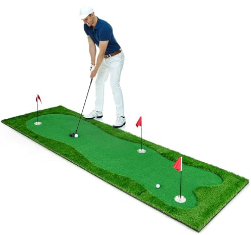 GYMAX Putting Green da Golf 3 x 1 M, Tappetino da Allenamento da Golf Grande con 3 Buche, 3 Coppe e Bandiere di Allenamento, Tappeto da Golf Professionale per Casa, Giardino, Ufficio