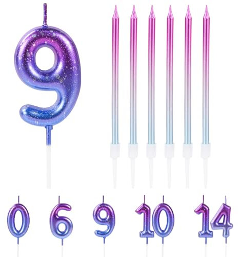 URAQT Candele di Compleanno Numero, Candele di Compleanno squisite ed eleganti, Adatto A Feste di Compleanno, Feste di Anniversario di Matrimonio, Serate di Laurea, 6 palo lungo+ 1 numerica (9)