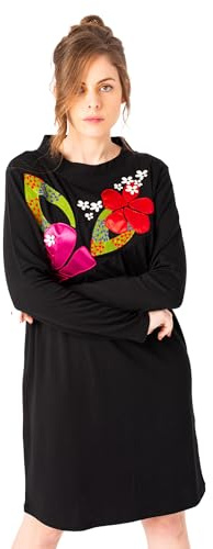 Mamatayoe Masterpiece. Vestido Corto de Mujer con Cuello Alto y Detalles Bordados de Color Negro para Otoño Invierno. Vestido de Punto Elegante con Manga Larga y Fruncido Delantero