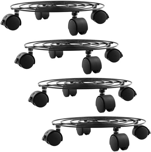 FUNSUEI 4 Stück 27cm Pflanzenroller Metall Schwarz, Rund Pflanzenständer Metall mit Rollen Rädern, Pflanzen Caddy Pflanzenständer für Indoor Im Freien Outdoor