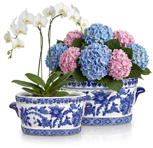 Blue and White Ceramic Planter Pot – Vintage Floral Oval Cachepot Vase for Indoor Plants, Flowers & Succulents – Glazed Chinese Porcelain Style Decorative Bowl – 7.4 or 10.6 Size – No Drainage
