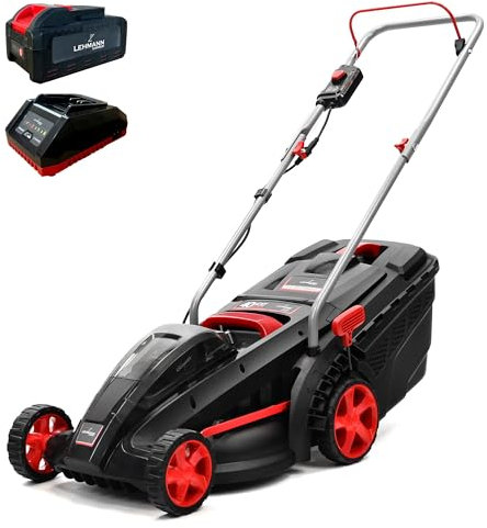 LEHMANN LGALM-4037 Tosaerba a Batteria, Larghezza Taglio 37 cm, 40 L Cestello Raccoglierba, 5 livelli di taglio 25-75 cm, Consigliato per Prati Fino a 400 m², Batteria da 4,0 Ah + Chargeur