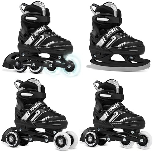 RAVEN 4in1 Inline Skates Pattini in linea Triskates Pattini a rotelle/da ghiaccio per bambini e adulti regolabili (Helixi Black/Grey, 30-33 (18cm-20cm))