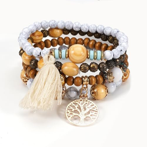 jatimdotin 4 Stück Boho Holzperlen Armband, Geschenke für Frauen, Boho Armbänder Holzperlen Quaste, Frauen Baum des Lebens Charm Statement Armreifen, Armband Geschenk