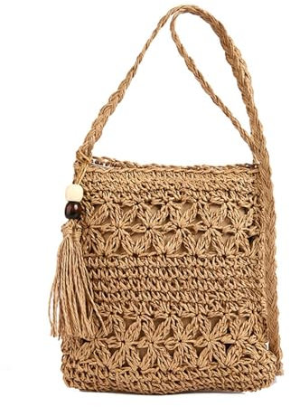 ChAusa Hippie Tasche Strandtasche Damen Sommer Urlaub Strandtasche mit Fransen aus Stroh Gehäkelte Tasche Boho Strohtasche Damen Ideal für Strandurlaub Festivals und Sommerpartys(Braun)