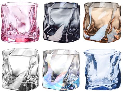 Penbinmall Glasögonset i 6 delar 200 ml – oregelbundna kristallwhiskyglas – dricksglas iskaffeglas cocktailglas longdrinkglas vatten te kaffe juice – diskmaskinssäker (6 färger)