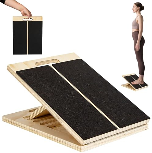 Planche d'Équilibre et Planche Inclinée 2-en-1 en Bois, Étireur de Mollets Réglable, Entraîneur d'Équilibre pour Sport et Fitness