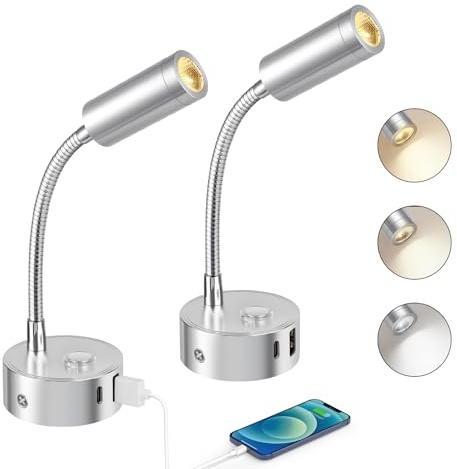 ERWEY 2st LED Läslampa 12V Husbil, Touch Dimbar 3000K-6000K Justerbar ljusstyrka, 360° Flexibel Svanhals Sängbelysning med USB A + C-Kontakter för båt Husvagn Interiörbelysning, Vit