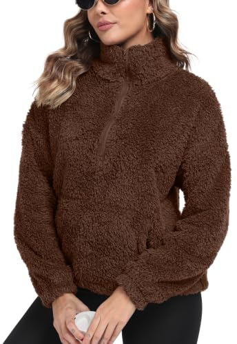IWOLLENCE Damtröja vinter teddy jacka dam fleece gosig jacka sherpajacka varm sweatshirt utan huva troyer halv dragkedja tröja, kaffe, XL