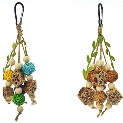 Parrot Foraging Chew Toy, Hanging Bird Snack Toy for Small and Medium Parrots, Bird Chew String Toy with Nuts, Rattan Balls and Corn Cob for Cockatiels Conures Budgies(Two pieces)