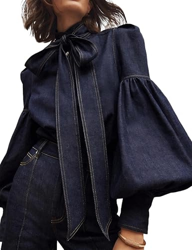 Womens Denim Blouse Pullover Bow Embellished Long Puff Sleeve Jean Buttoned Vintage Shirts Tops Denim Blue M