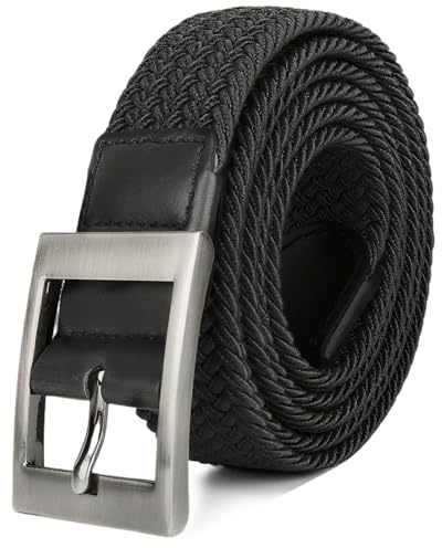 Drizzte Mens Plus Size Belts 59'' Casual Braided Elastic Stretch Fabric Woven Web Belt Work Golf Jeans Black