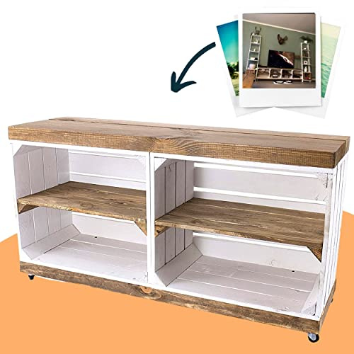 Fruktlådor online sideboard av trä, bruna hyllbrädor, på hjul med 4 fack – NY – 100 x 30 x 50 cm – perfekt TV-skåp/bänk (vit)
