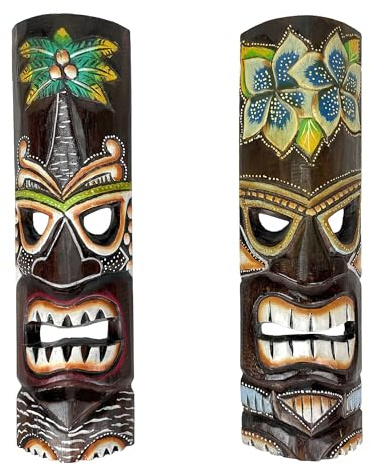 Things2Die4 Set of 2 Hand Crafted Wooden 20 Inch Tiki Wall Masks Palm Tree and Plumeria Flower Designs, Multicolored