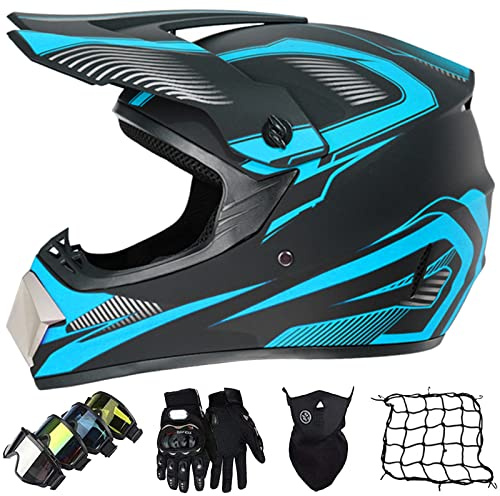 Casque Moto Cross Enfant, Casque Motocross Intégral Set, avec Gants/Lunettes/Masques/Filet de Casque, Casque Dirt Bike BMX Enduro ATV Quad Bike Casque Pour Adulte Homme Femme - DOT/ECE Homologué