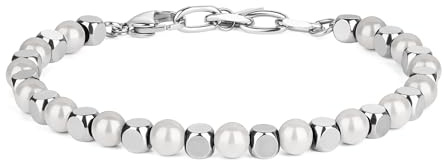 GAVU Bracciale da Uomo in Acciaio Inox e Perle di Conchiglia, Bracciale di Perle da Uomo