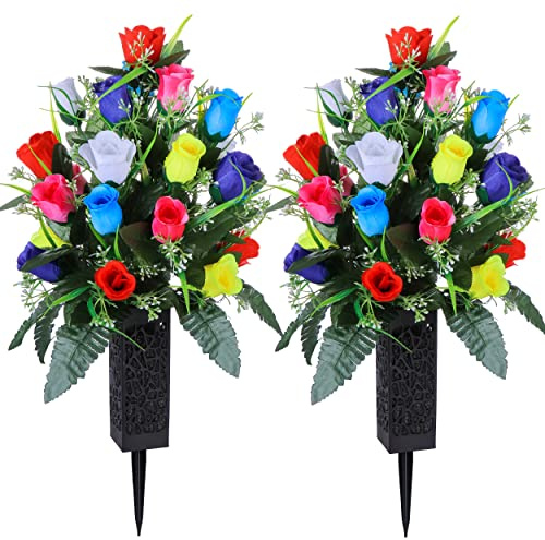 LVXINLI 2 Sets Artificial Cemetery Flowers,Outdoor Grave Decorations Roses,Beautiful Arrangements Bouquet with Cemetery Vase,Lasting and Non-Bleed Colors (Colorful)
