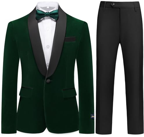 Boys Velvet Suits Slim Fit Tuxedo 2 Piece Kids Blazer Jacket Pants Formal Sizes 14 Fashion Ring Bearer Outfit for Wedding Green