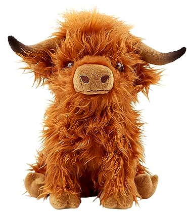 rivoeis 10.5 inches Highland Cows Stuffed Animals, Cute Fluffy Cow Plush Figure Toys Realistic Highland Cattle Plush Decor for Kids Baby Girls Boys