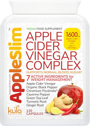 AppleSlim - 1600mg Apple Cider Vinegar Capsules Complex for Weight Management and Digestion - Raw Unfiltered ACV, Green Tea, Ginger, Turmeric and Chromium for Blood Sugar Support - 120 Vegan Tablets