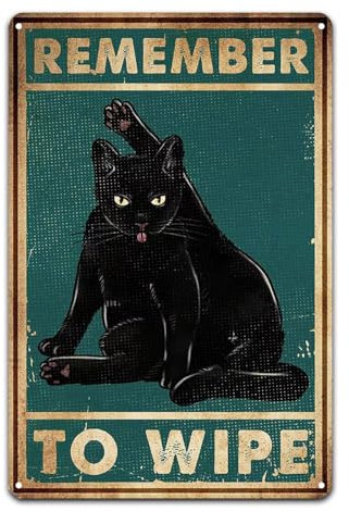 KONFEN Cartel de Chapa Gato Retro, Remember to Wipe Cartel de Metal Póster Tin Sign Wall Decor, Letrero Artístico de Metal para Cuarto de Baño Aseo Puerta Casa para Cat Lovers 12 x 8 Pulgadas