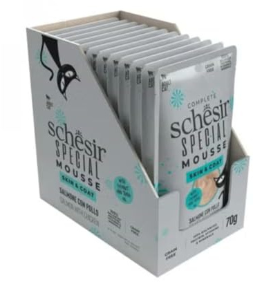 Schesir Special Skin & Coat, Laxfiléer med kyckling i mus, komplett våtfoder för katter, i kuvert, kornfri, högt proteininnehåll, fuktkälla, 12 x 70 g