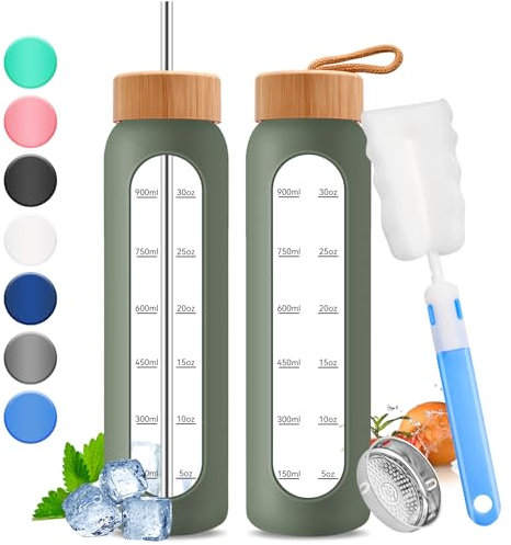 Wobeny 32oz Glas-Wasserflasche mit Zeitmarkierung - 1000ml große motivierende Wasserflasche mit 2 Bambusdeckeln, 1 Liter Flasche für Fitness mit Edelstahlstrohhalm & Silikonhülle (Grün)