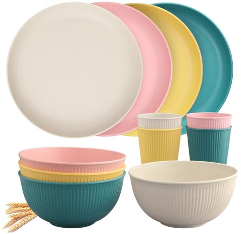Tanice Plastic Dinnerware Set, 12PCS Plastic Plates and Bowls Sets, Kids Dinnerware Set for 4, Outdoor Dishes Set with Pltaes, Bowls, Cups for Kitchen, Outdoor Camping