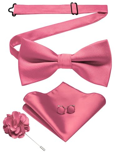JEMYGINS Herrfluga av twill i uni med ficka fyrkantiga manschettknappar och blommor arrangemang presentset för fester affärer och bröllop, ROSA, M