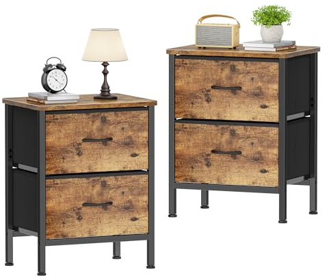 HOMIDEC Bedside Tables Set of 2, Bedside Cabinet with 2 Large Capacity Fabric Storage Drawers, 54.5cm Height Sofa Side Table End Table Nightstand for Bedroom, Living Room, 42x30cm