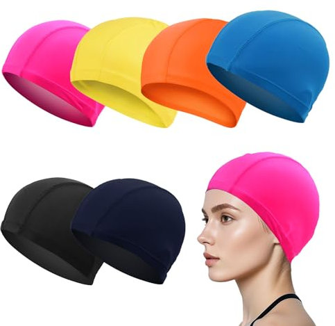 SAIIURV 6 Stücke Unisex Badehaube, Lycra-Textilkappe, Klassische Stoff-Badekappe, Weiche Badehaube, Bademütze, Ohrenschutz Schwimmhaube, Flexible Kappe Badehut für Mädchen Herren Kinder (Mehrfarbig)