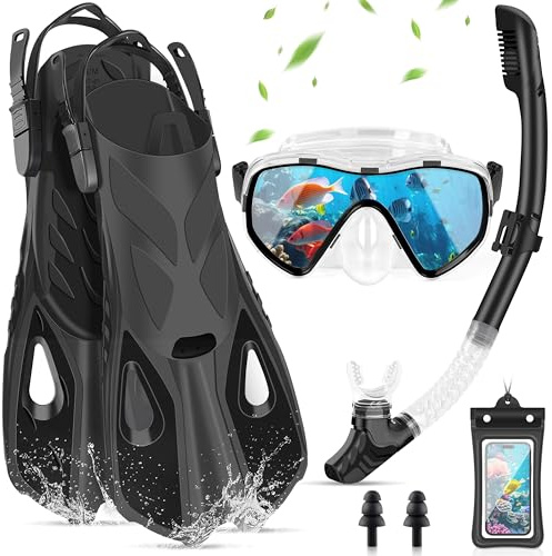 IEEILULU Masque Plongée Anti Buée et Tuba Sec, Kit de Plongée Adulte 7 Pièces avec Palmes Réglables, Pochette Étanche, Bouchons d'oreille, Kits de Randonnée Aquatique pour Homme Femme (Noir, S/M)