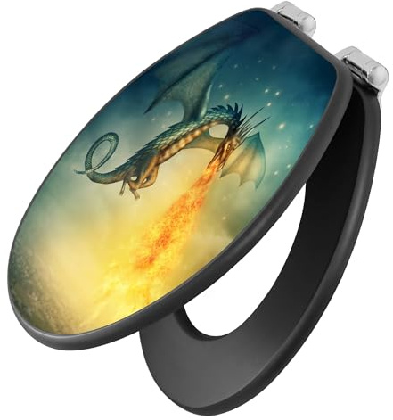 banjado Toilettendeckel anthrazit mit Absenkautomatik/WC Sitz mit Absenkautomatik anthrazit/Klodeckel grau/Toilettensitz dunkel/edle Klobrille - Motiv Drachen