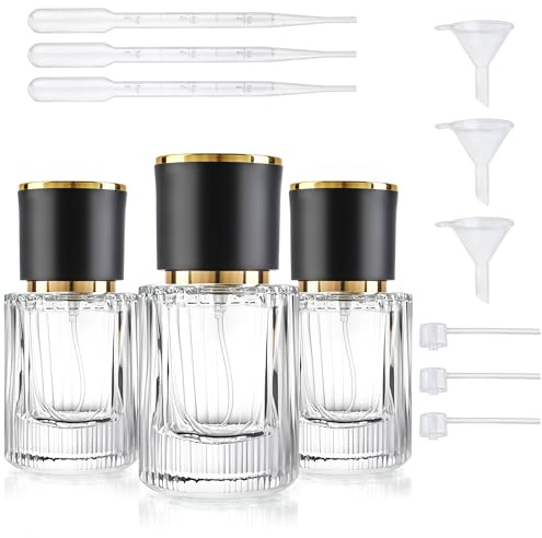 H&D HYALIN & DORA 3 st 30 ml rund parfymatomiserare, påfyllningsbar glasparfymflaska, atomiserspray, bärbar Aftershave dispenser med påfyllningspump för dagligen och resor (svart)