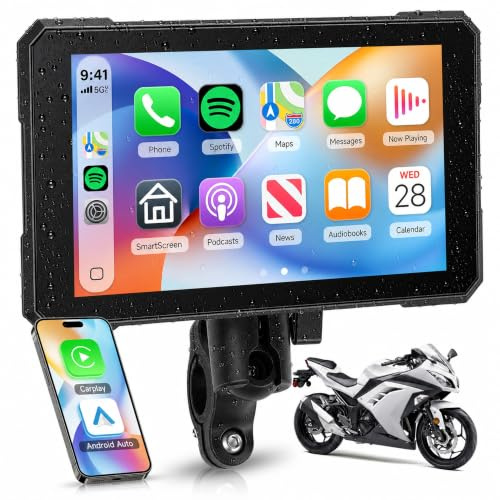 Rimoody Motorcykel trådlös bilradio Carplay, 6 tum pekskärm för motorcykel, IP68 vattentät med Android Auto Airplay/Android Cast/Bluetooth/däcktrycksdetektering TF