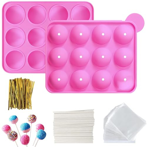 YXHZVON Silicone Cake Pop Maker Kit, 12 Cavities Cake Pop Mould | Lollipop Mold Includes 100Pcs Treat Sticks, Bags and Twist Ties, Chocolate Lolly Moulds for Hard Candy, Chocolate, Jelly
