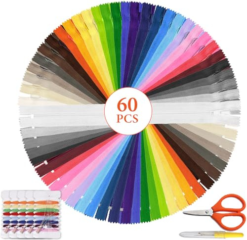 JIUHEEDAMAI 60pcs 8 Inch Zippers 20cm, Nylon Coil Zippers for Sewing Crafts | 30 Assorted Colors, Multicolor Zipper for Sewing Supplies and Replacement in Bags Pouches Skirts Dresses