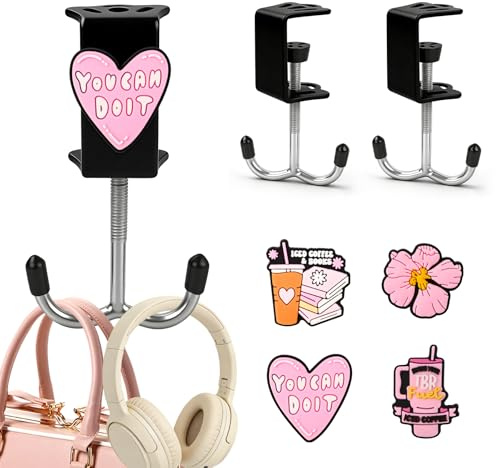 AULEEP 2 Pack Clamp-On Under Desk Bag Hook, Adjustable Purse Holder for Table with Cute DIY Stickers, 100 lbs Capacity Heavy-Duty Desk Organizer Hooks for Handbag, Backpack, Headphone, Black