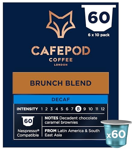 CafePod Lungo Decaf Coffee Pods - Compatible with Nespresso Coffee Machine, Intensity 9 with Chocolate Caramel Brownie Notes - Rainforest Alliance Sourced - Decaf Brunch Blend 60 Capsules